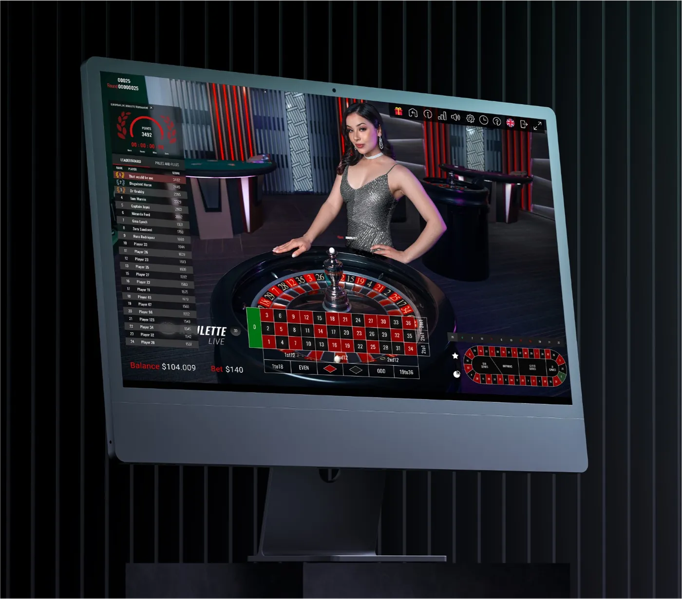 Live roulette tournament with leaderboard on a desktop screen