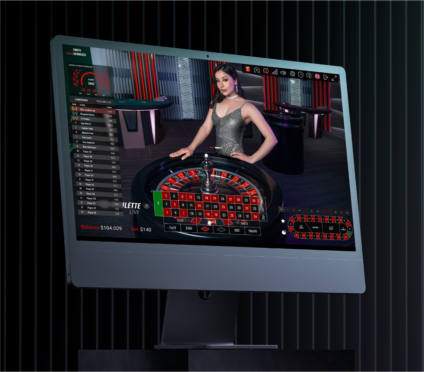 Live roulette tournament with leaderboard on a desktop screen